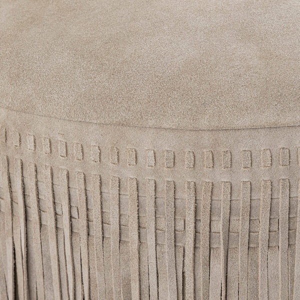 Eleora suede leather pouf fringes round